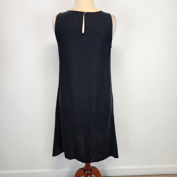 For Cynthia Black Linen Blend Dress Size M Sleeveless Asymmetric Hem Coastal - Picture 2 of 12